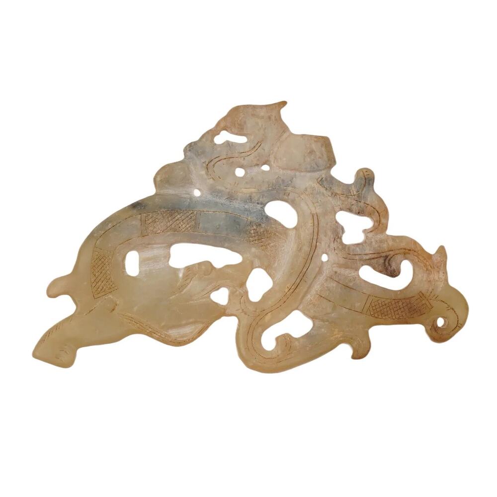 Large White Jade Stone Dragon Amulet Pendant Openwork Carved Chinese Style